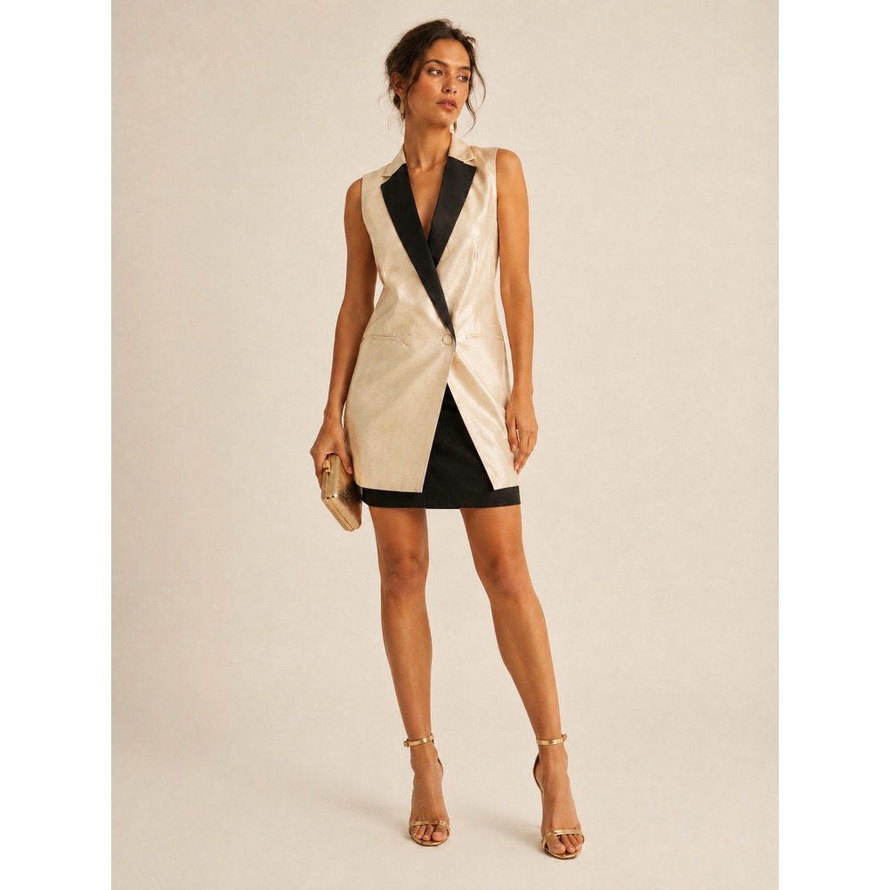 Banana Republic Womens Metallic Tuxedo Vest Top‎ 8 Cocktail Party Gold Champagne